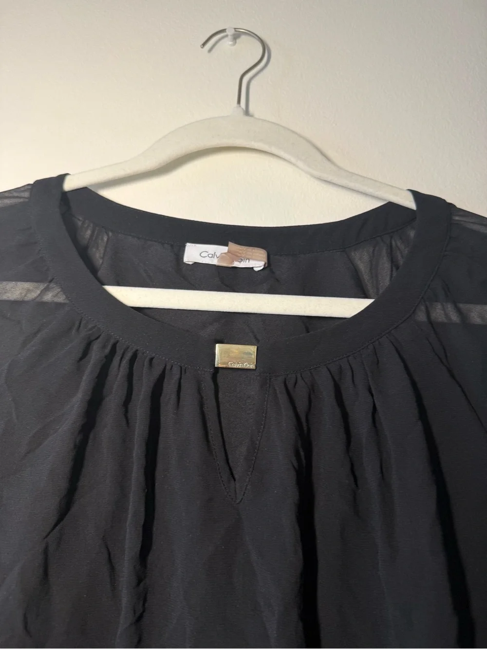 Calvin Klein Black Sheer Gathered Neck Blouse